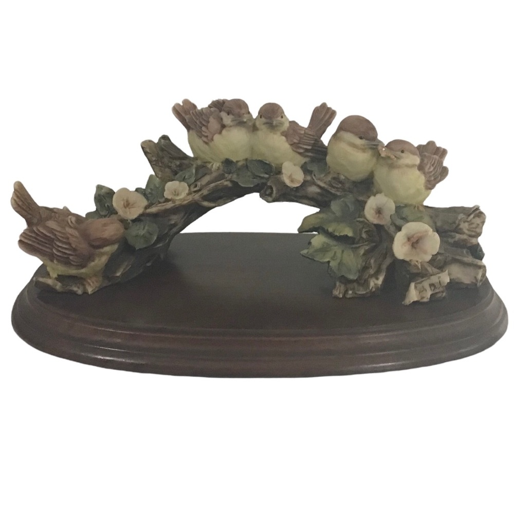 Vintage Birds Branch Sculptor Wood Base Apple Blossom Resin Signed A.D.L.